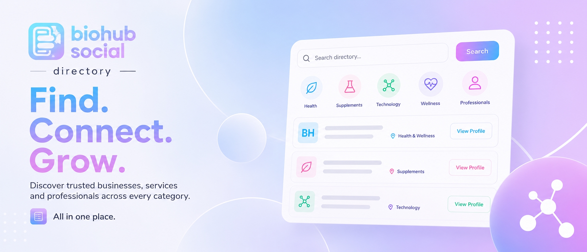Biohub Social Directory hero banner with pastel gradient colours, modern business directory dashboard interface and Find Connect Grow marketing headline.